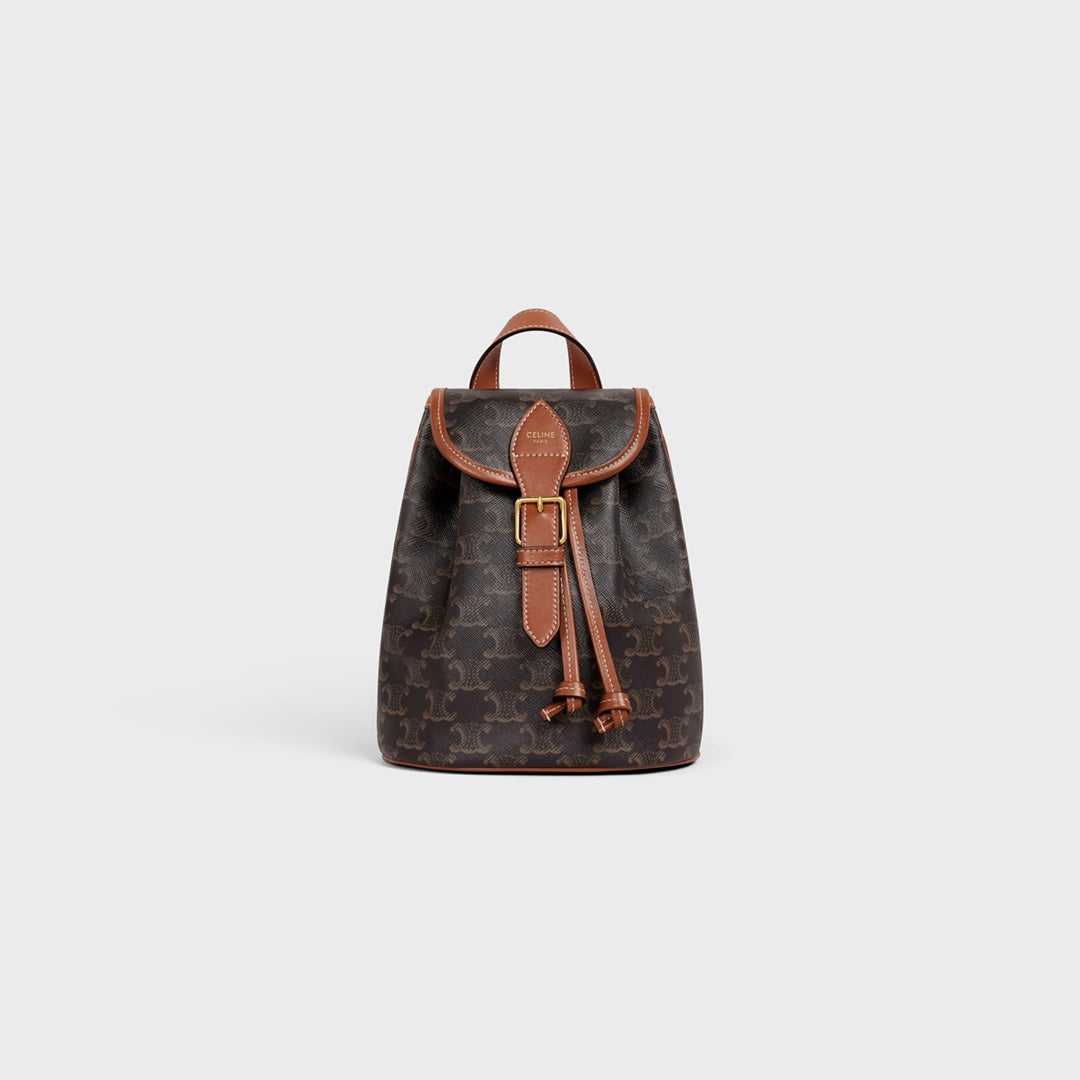 Celine Mini Backpack Folco in Triomphe Canvas and Calfskin - Tan/Brown