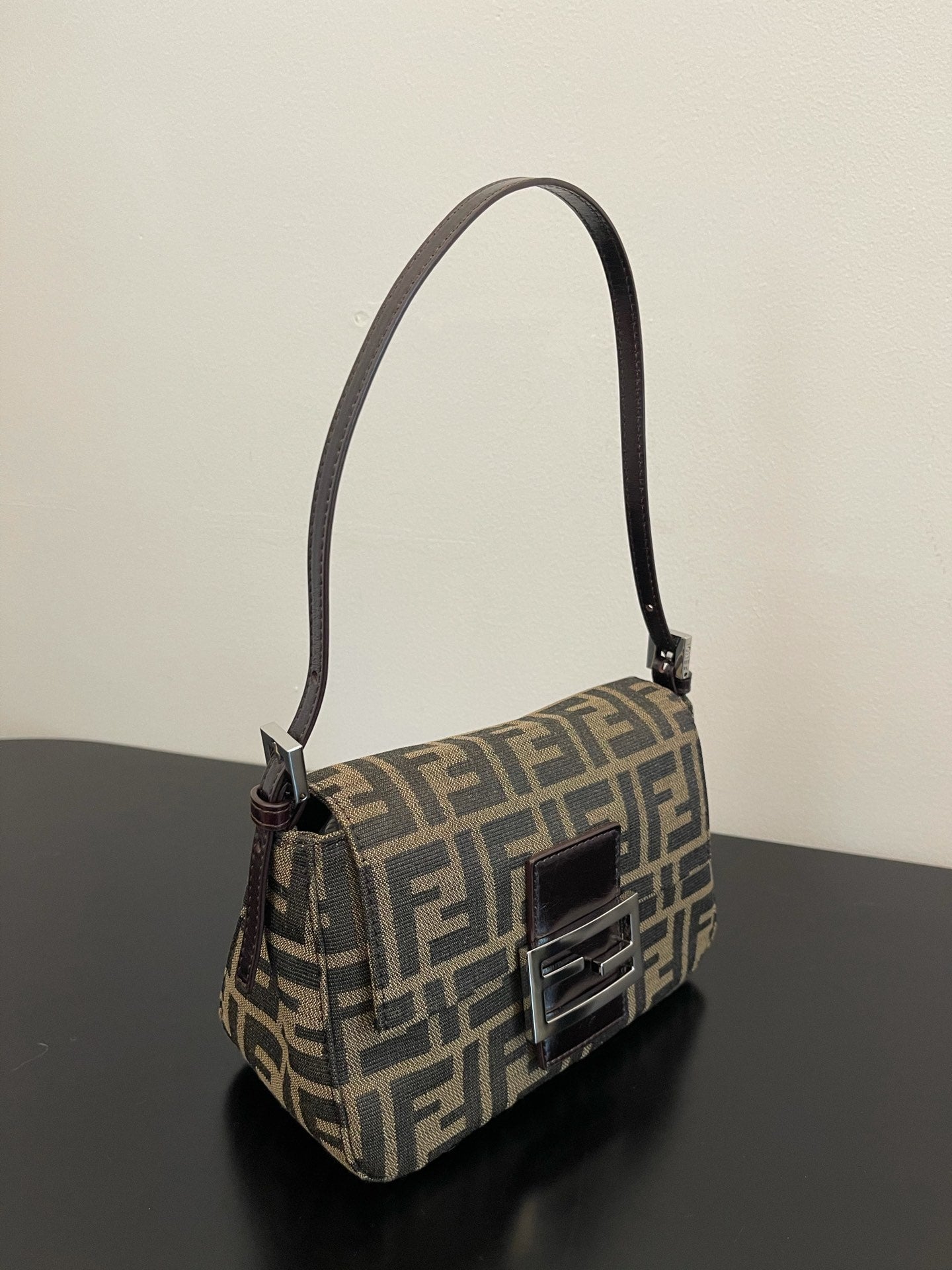 Fendi Zucca Canvas Baguette Shoulder Bag - Tobacco Brown/Black