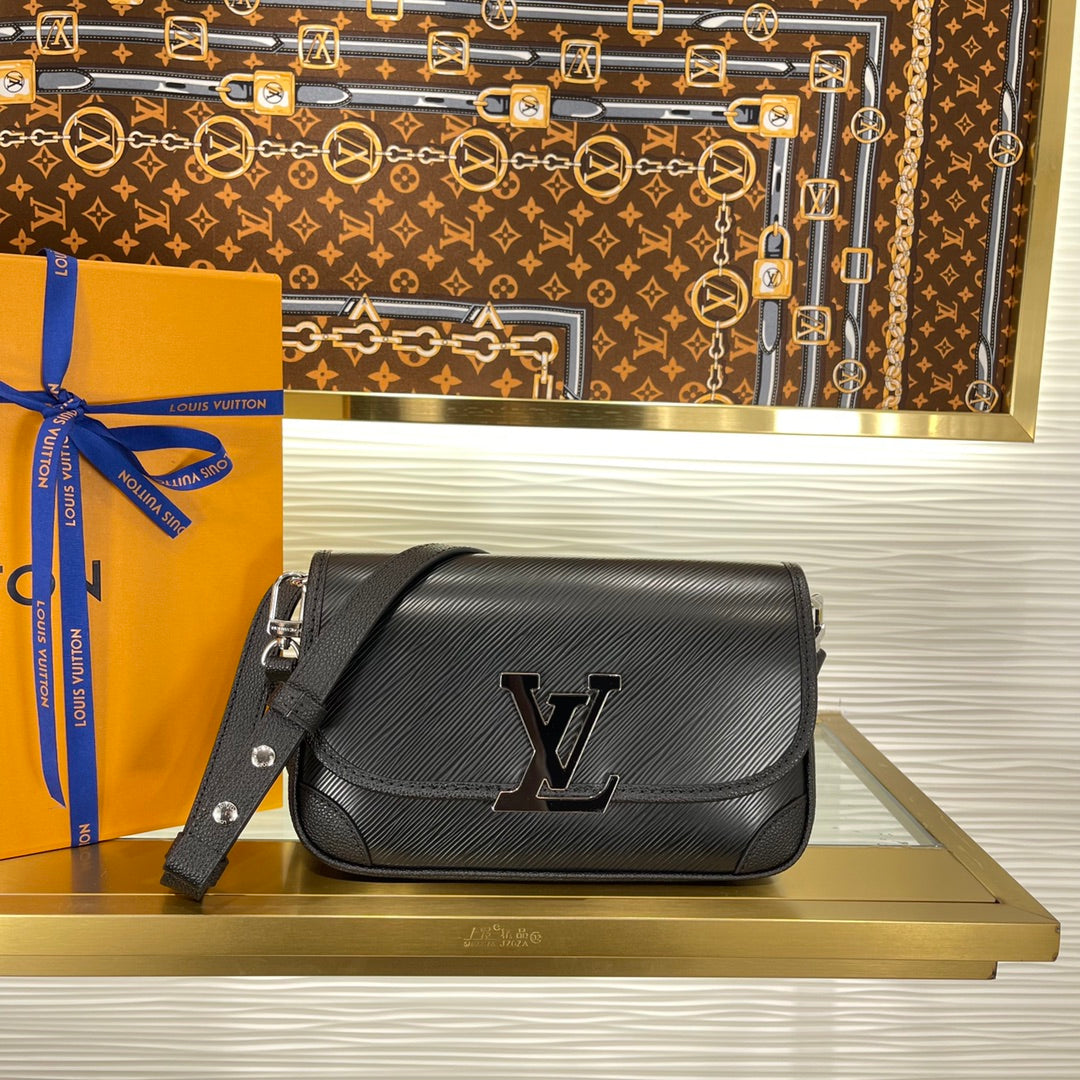Louis Vuitton Classic Black Embossed Leather Shoulder Handbag with Metal Clasp