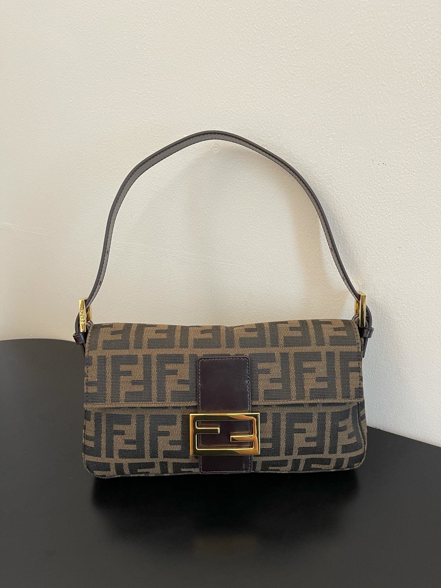 Fendi Zucca Canvas Baguette Shoulder Bag - Brown/Black Monogram