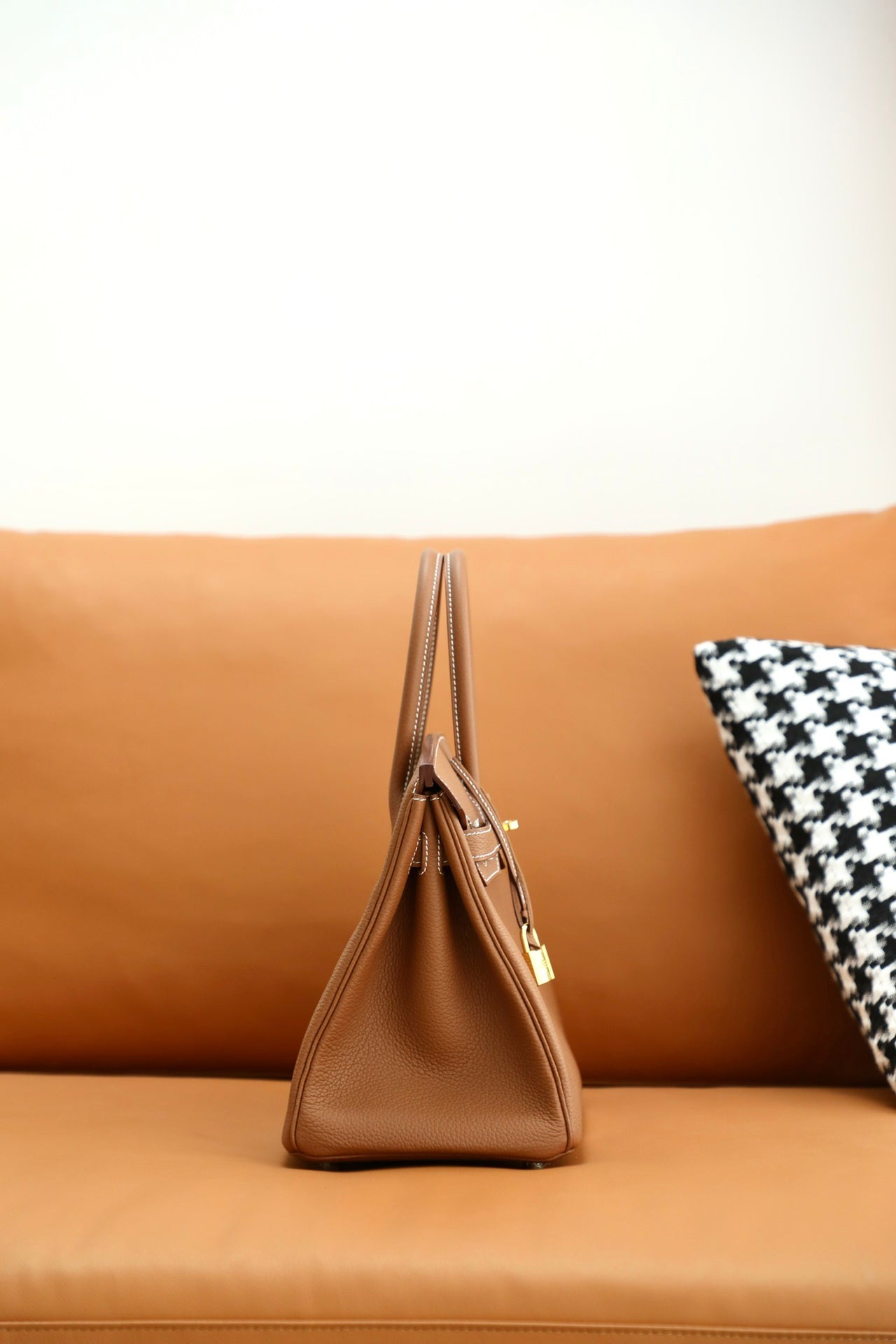 Luxury Tan Leather Top Handle Handbag with Gold-Tone Hardware