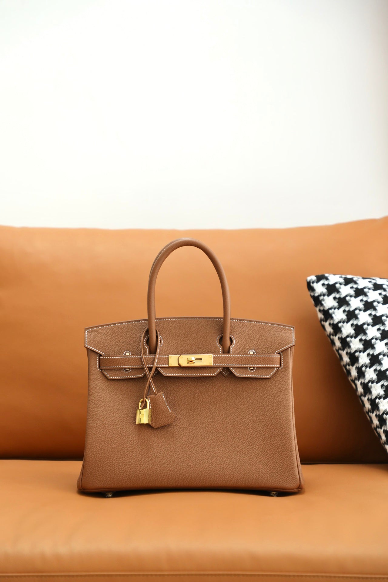 Luxury Tan Leather Top Handle Handbag with Gold-Tone Hardware