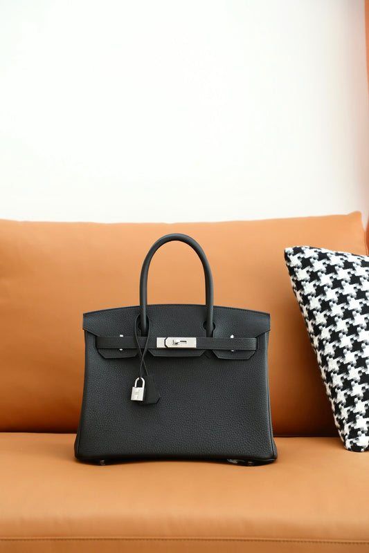 Classic Black Leather Birkin Style Handbag - Premium Top Handle Bag with Silver Hardware