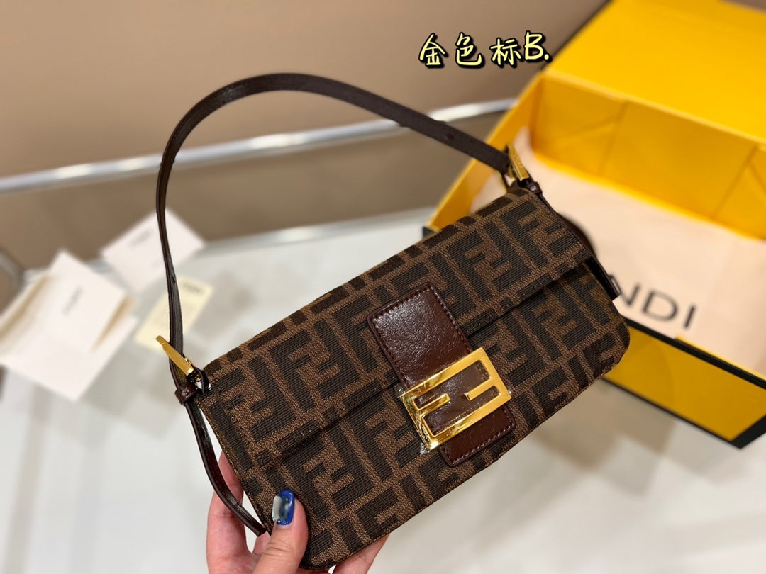 Fendi Zucca Monogram Canvas Baguette Shoulder Bag - Brown FF Logo 26x13cm
