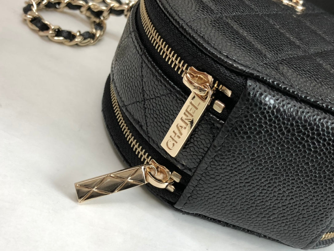 Chanel Small Round Quilted Vanity Case with Chain - Black Caviar Leather