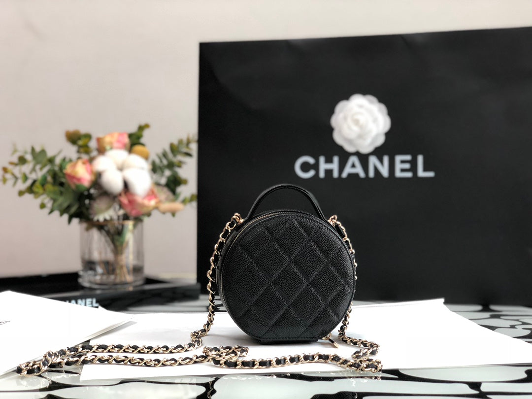 Chanel Small Round Quilted Vanity Case with Chain - Black Caviar Leather