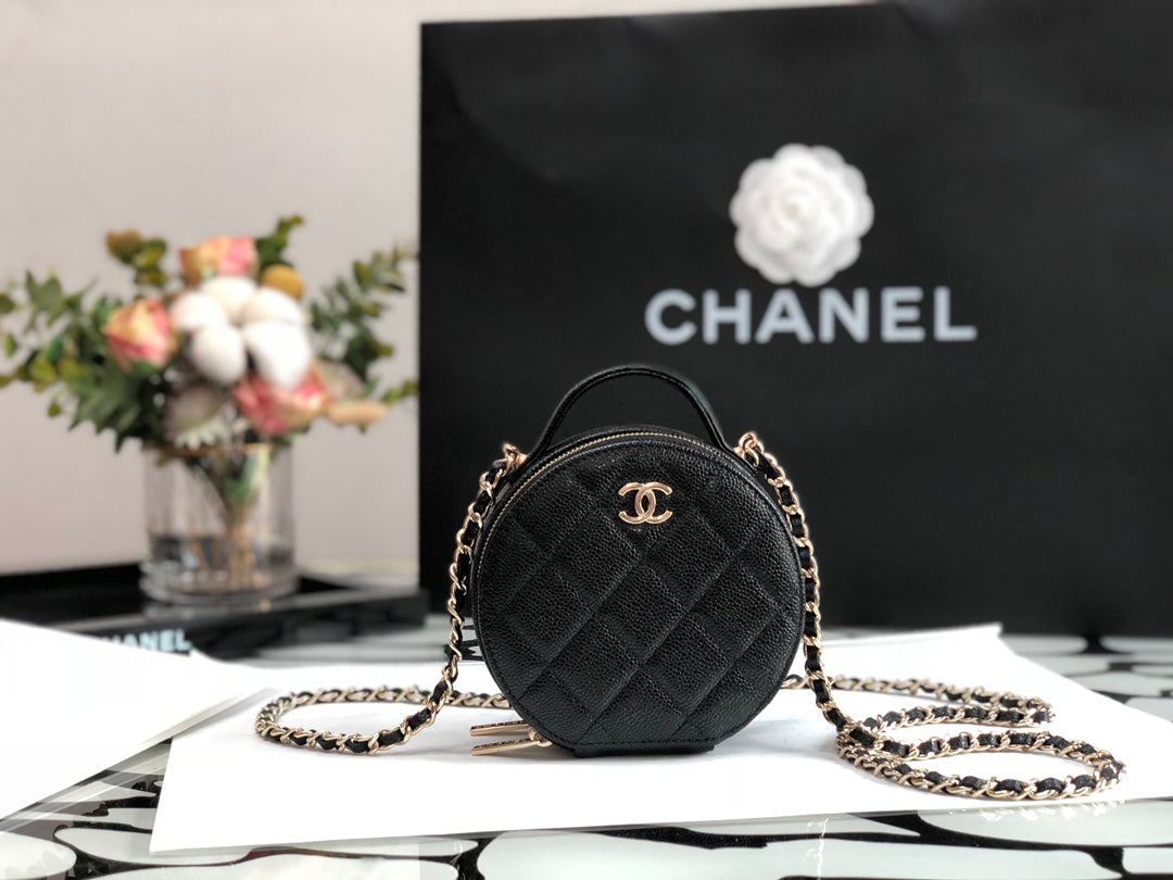 Chanel Small Round Quilted Vanity Case with Chain - Black Caviar Leather