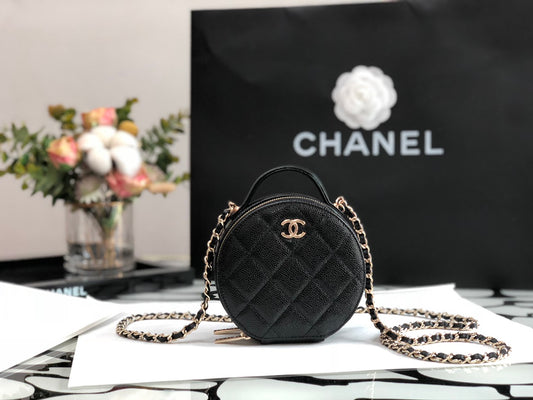 Chanel Small Round Quilted Vanity Case with Chain - Black Caviar Leather