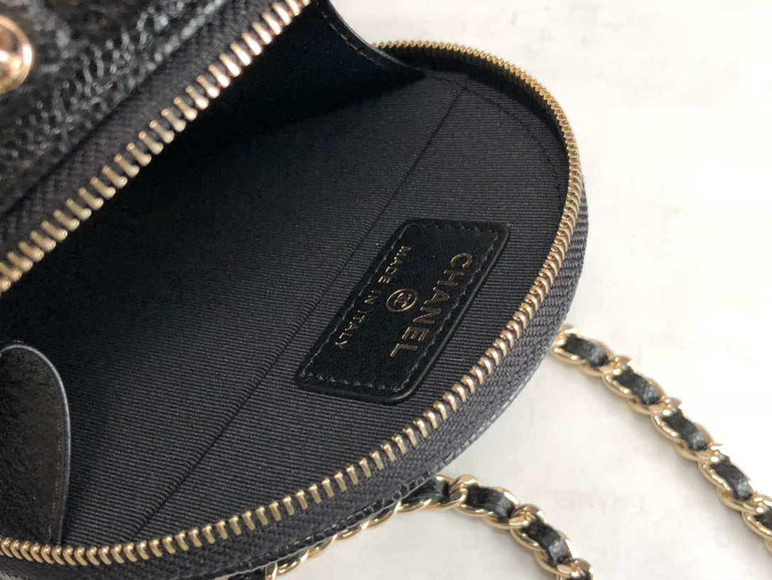 Chanel Small Round Quilted Vanity Case with Chain - Black Caviar Leather