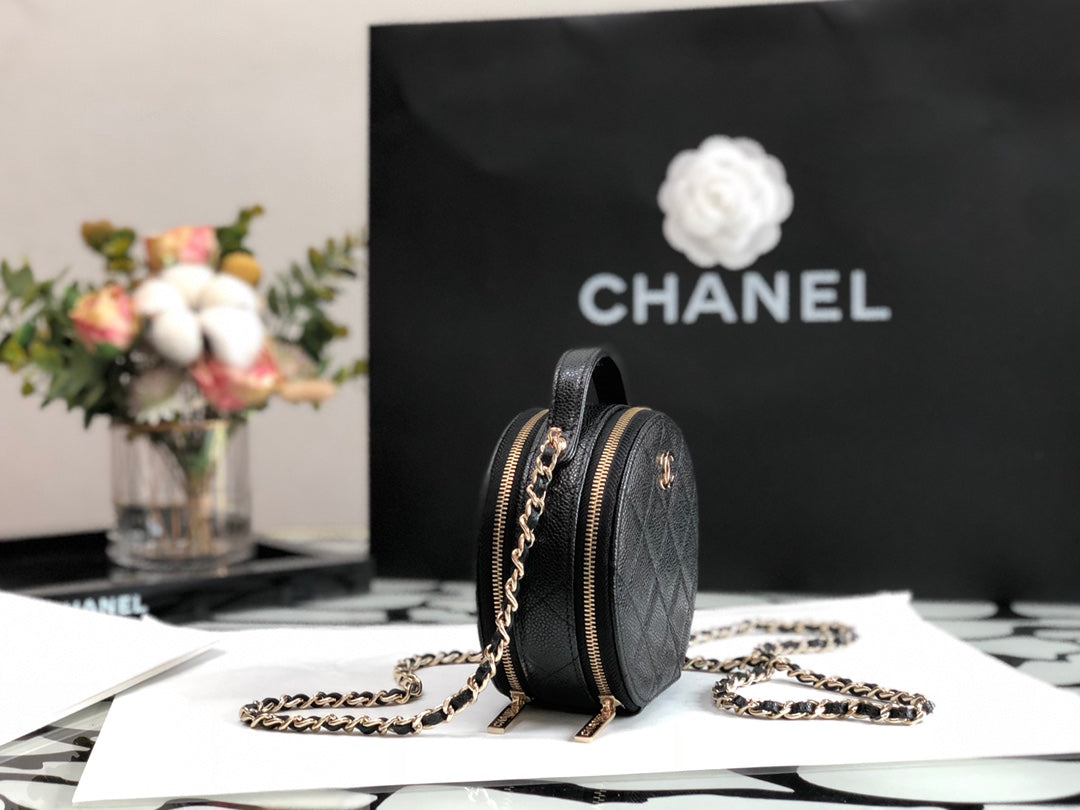 Chanel Small Round Quilted Vanity Case with Chain - Black Caviar Leather