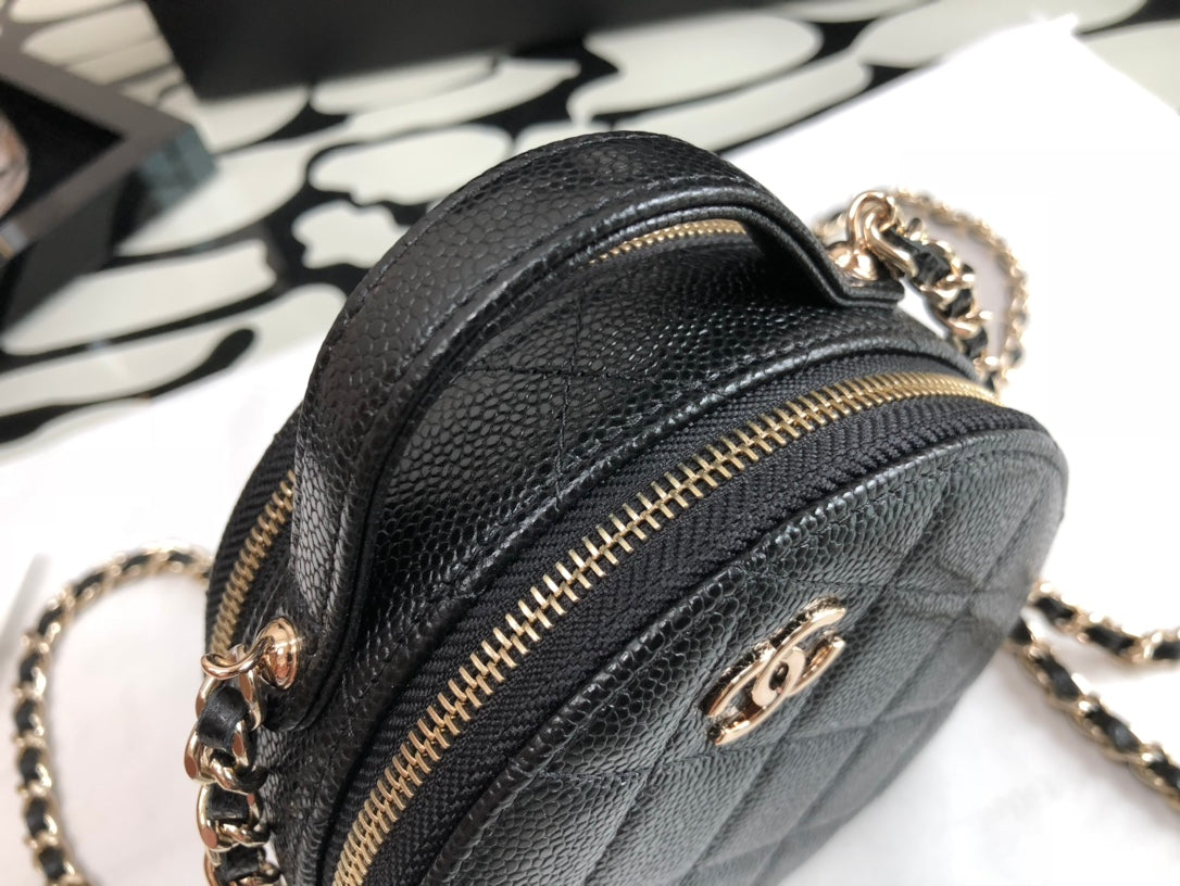 Chanel Small Round Quilted Vanity Case with Chain - Black Caviar Leather