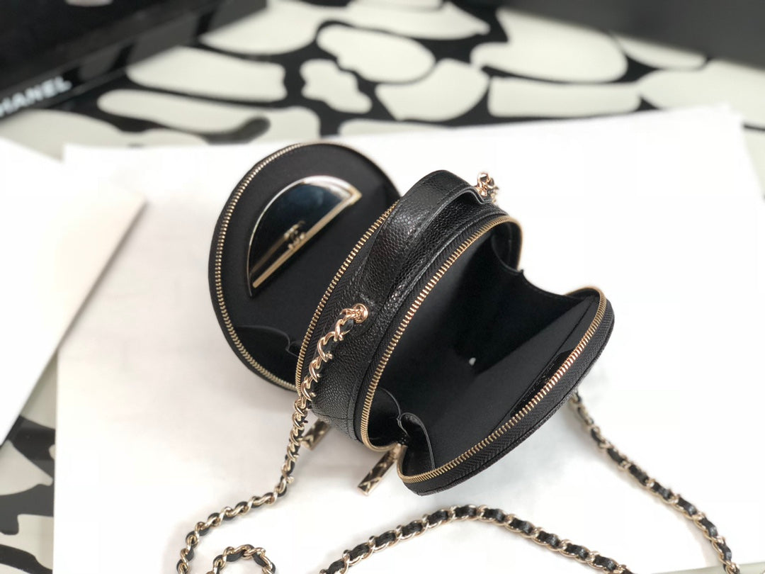 Chanel Small Round Quilted Vanity Case with Chain - Black Caviar Leather