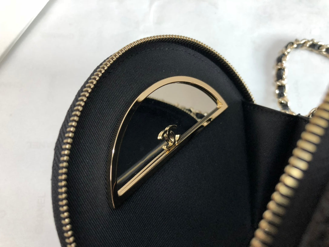 Chanel Small Round Quilted Vanity Case with Chain - Black Caviar Leather