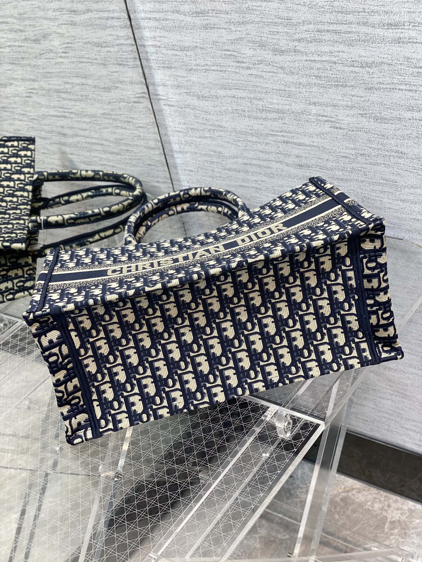 Christian Dior Medium Book Tote Blue Dior Oblique Embroidery Handbag