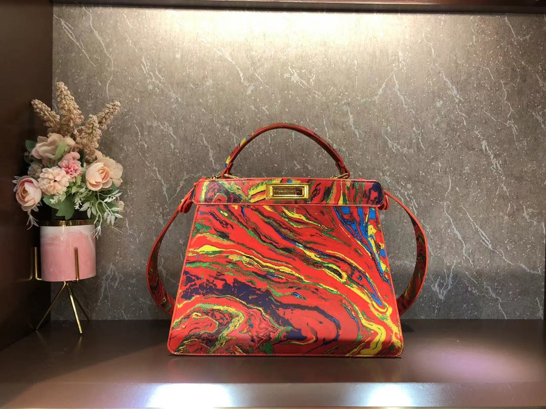 Abstract Multi-Color Marble Print Leather Top Handle Bag - Iconic Designer Style Handbag