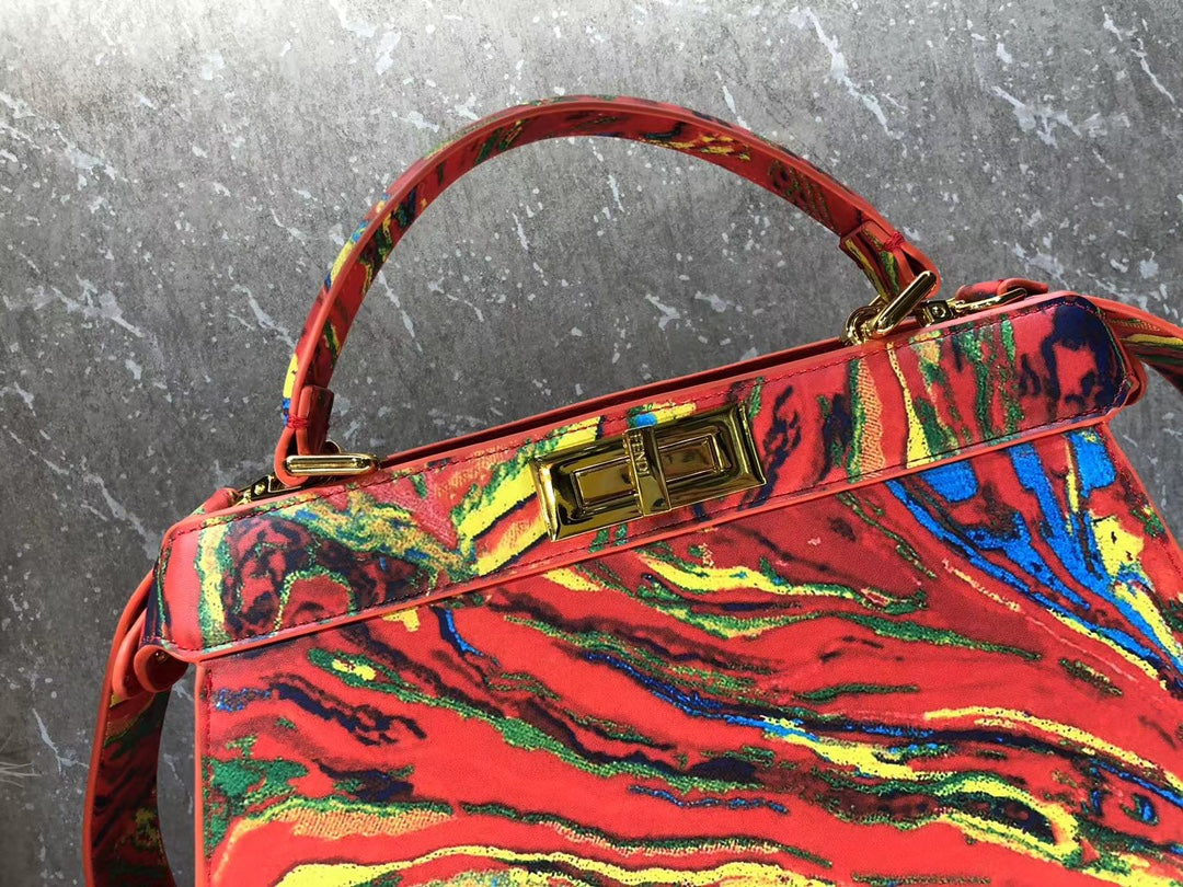 Abstract Multi-Color Marble Print Leather Top Handle Bag - Iconic Designer Style Handbag