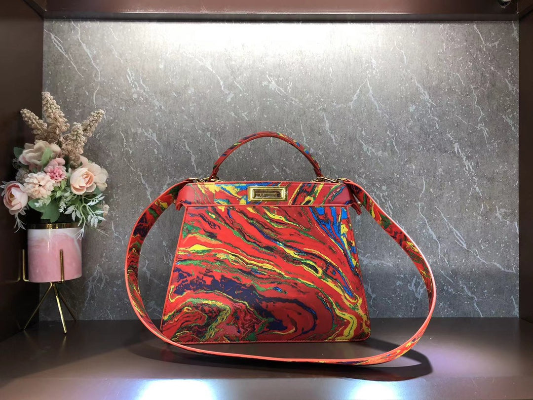 Abstract Multi-Color Marble Print Leather Top Handle Bag - Iconic Designer Style Handbag