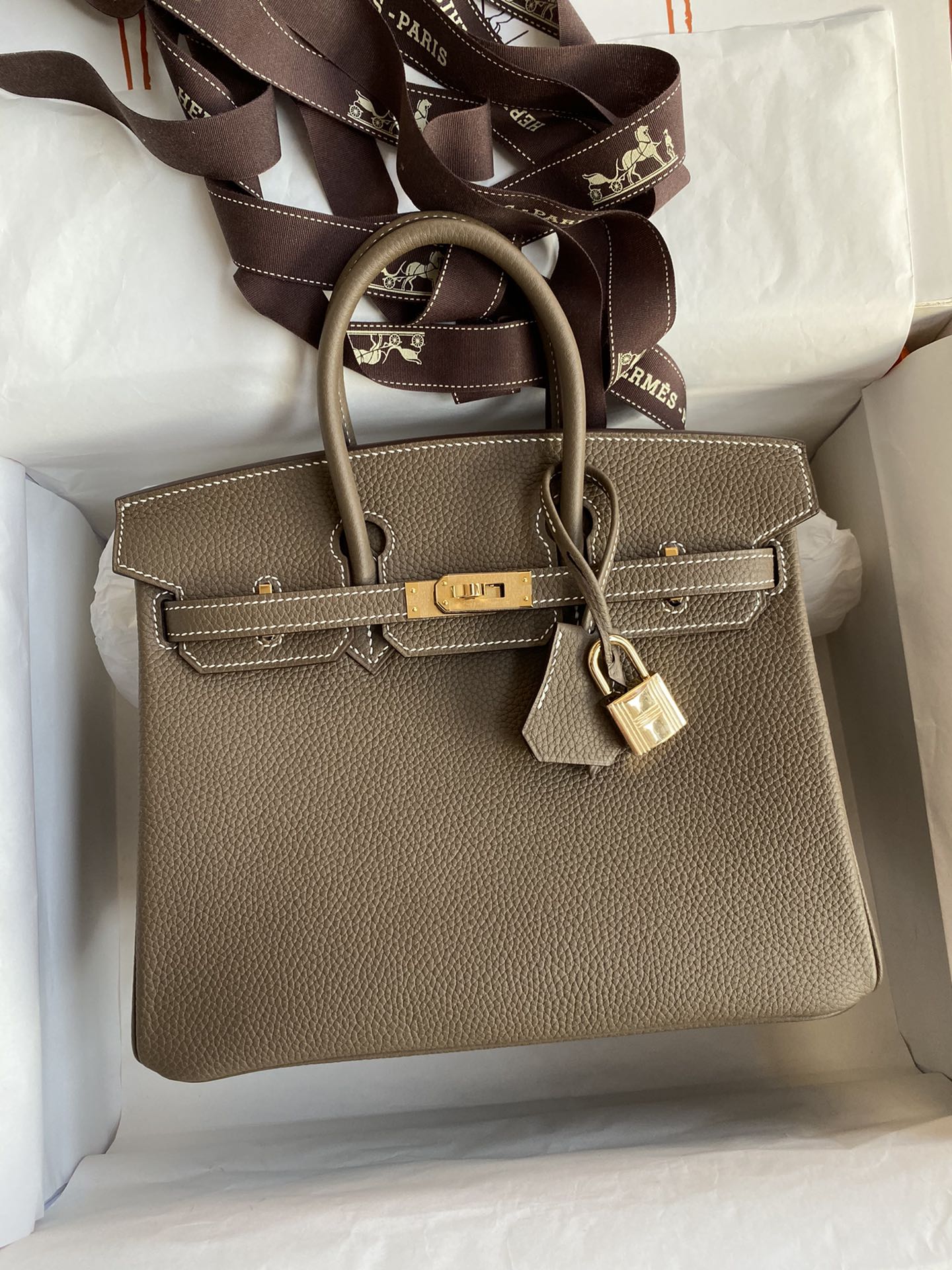 Classic Luxury Taupe Leather Handbag with Gold Hardware - Top Handle Tote Bag