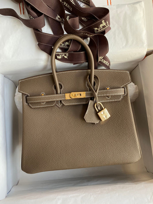 Classic Luxury Taupe Leather Handbag with Gold Hardware - Top Handle Tote Bag