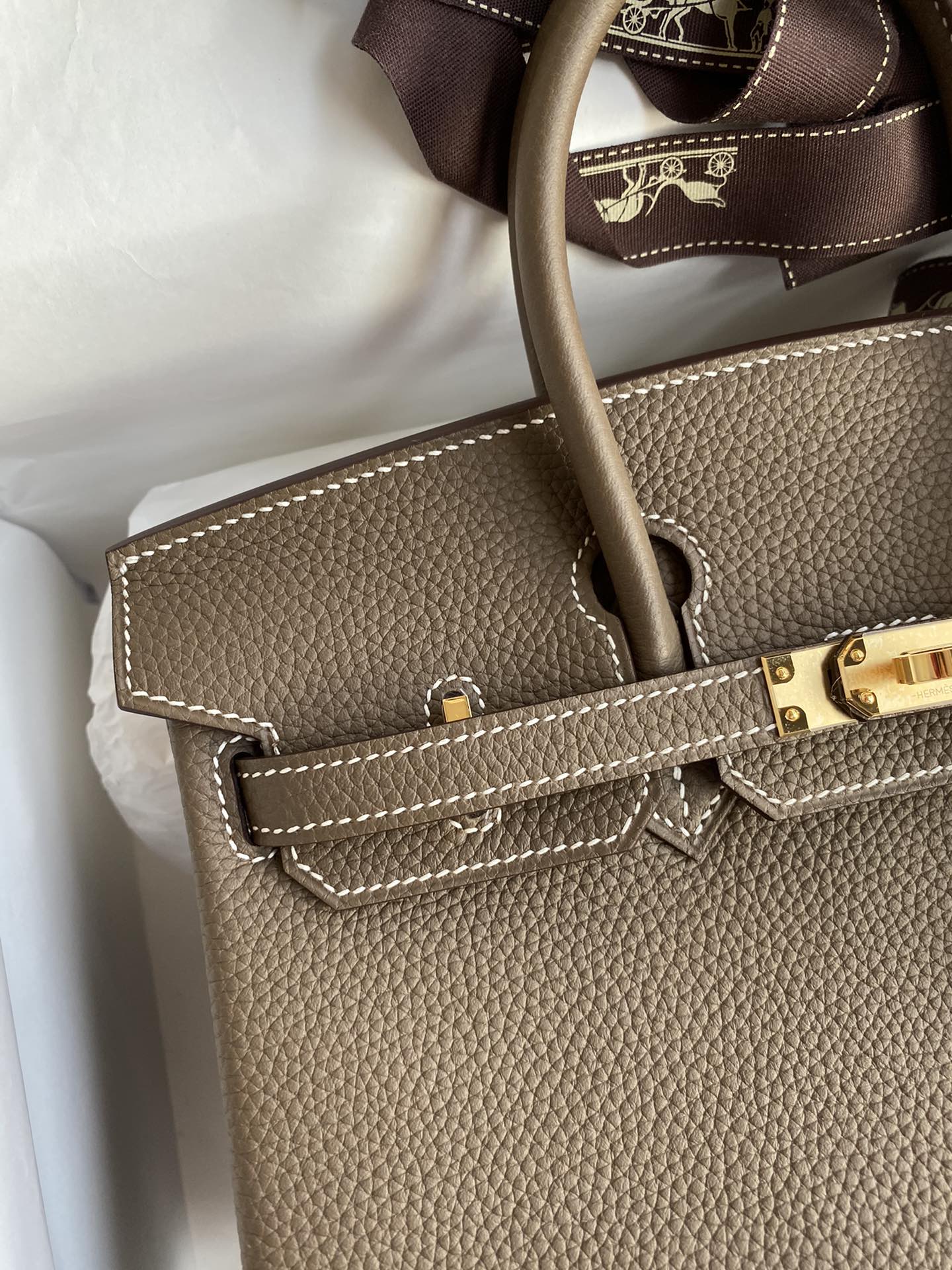 Classic Luxury Taupe Leather Handbag with Gold Hardware - Top Handle Tote Bag