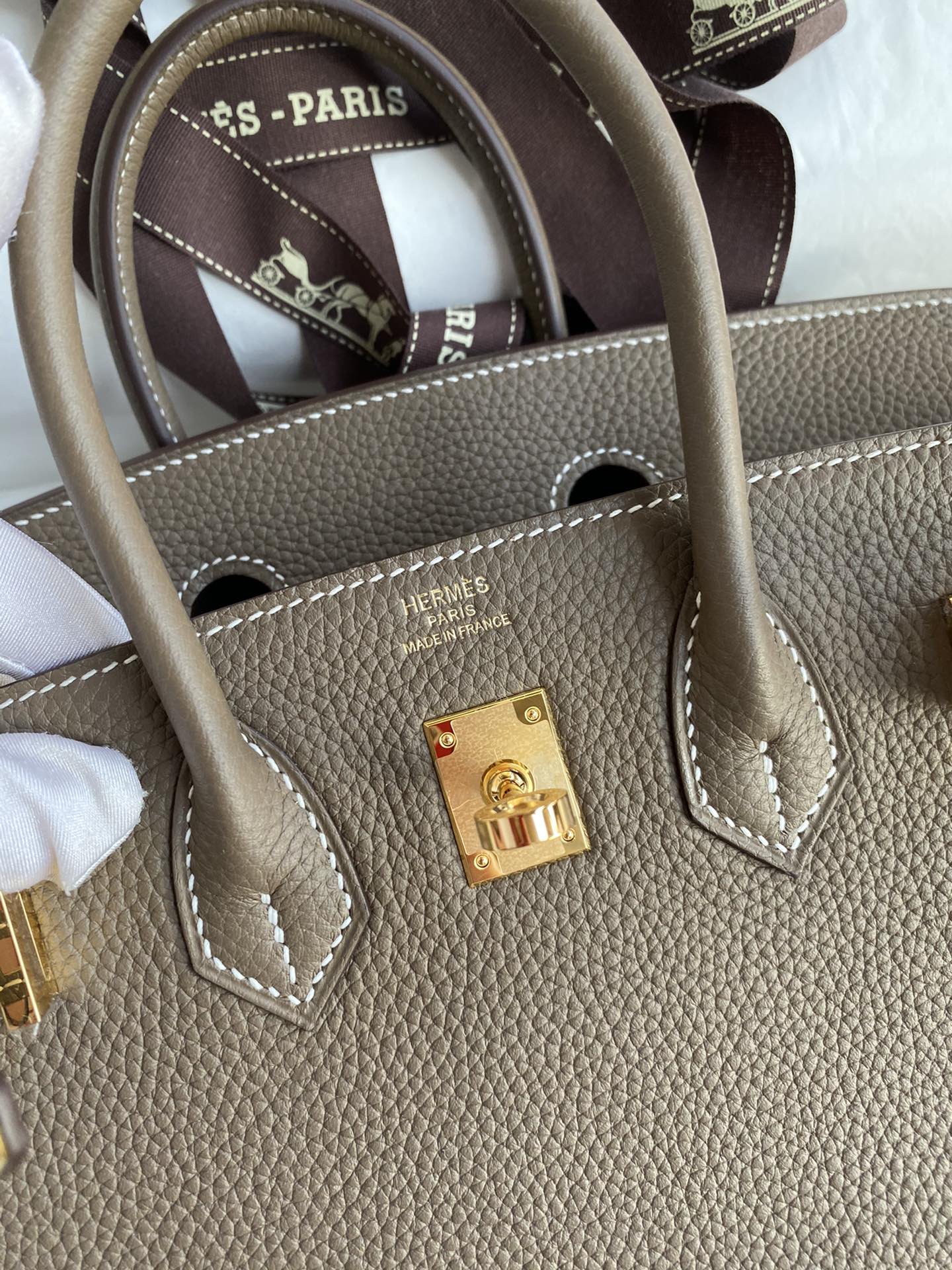 Classic Luxury Taupe Leather Handbag with Gold Hardware - Top Handle Tote Bag