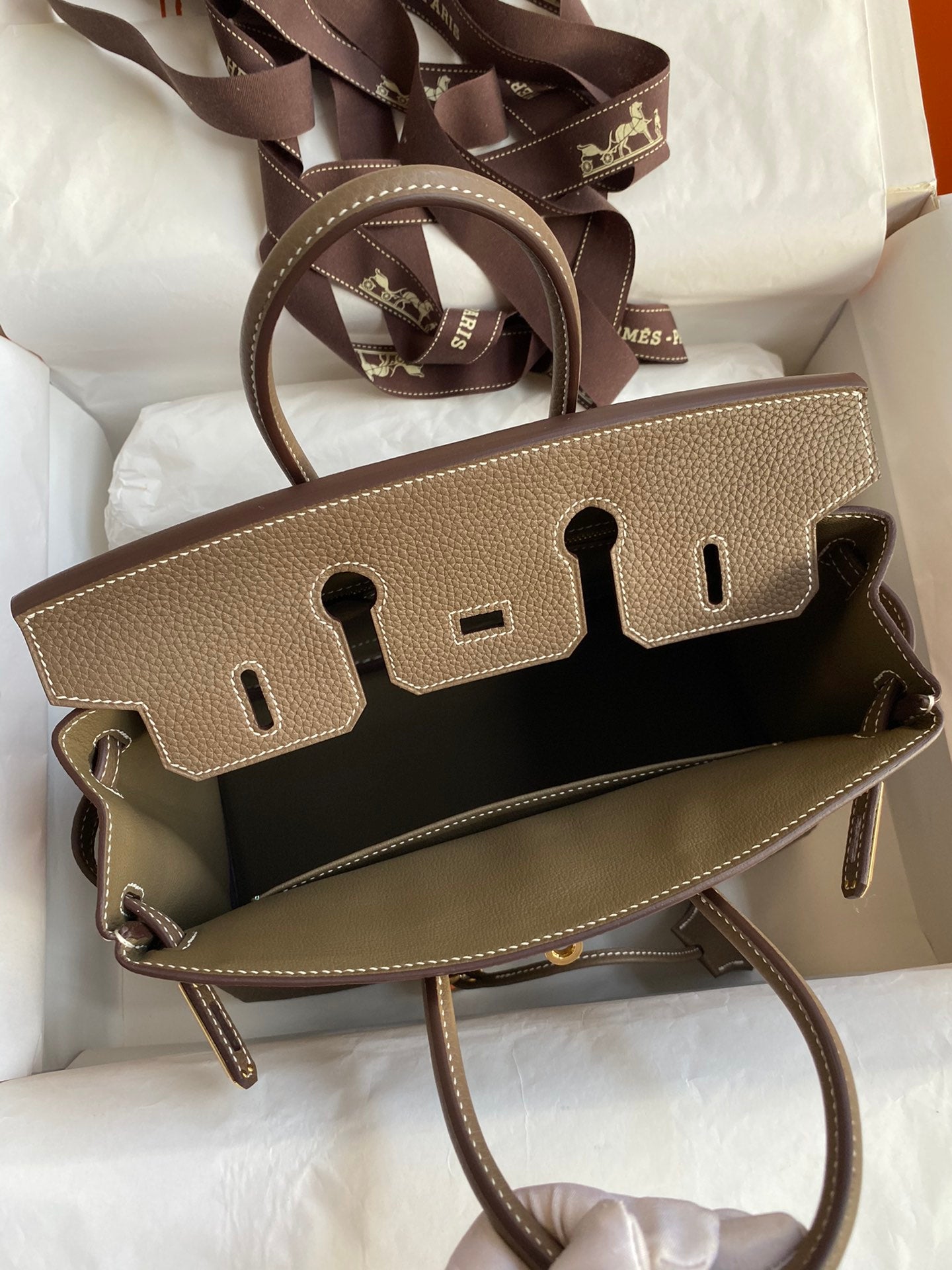 Classic Luxury Taupe Leather Handbag with Gold Hardware - Top Handle Tote Bag