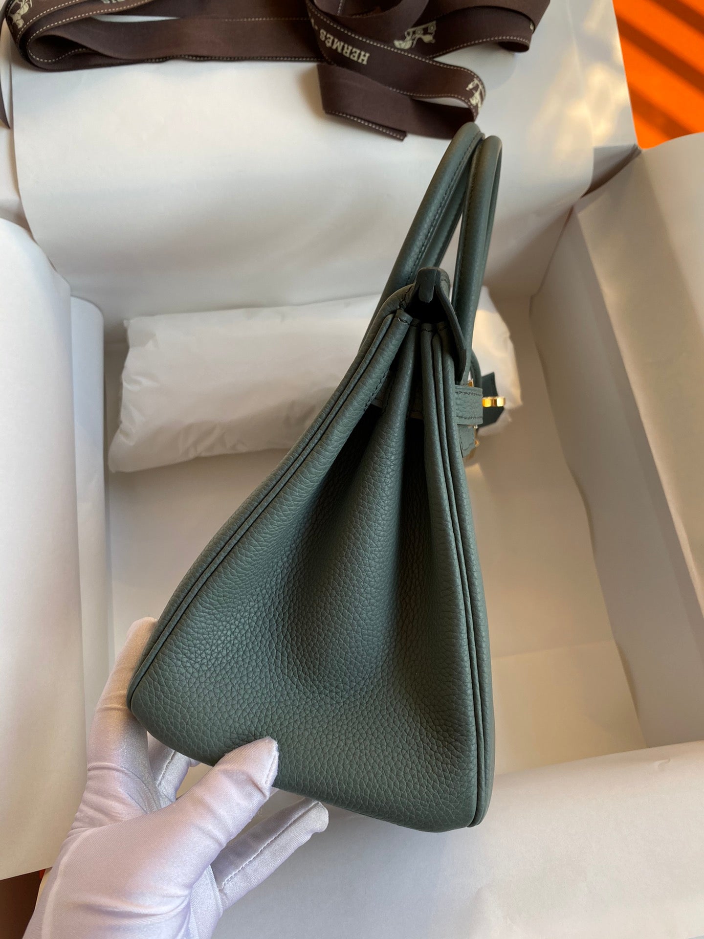 Hermès Birkin Style Sage Green Leather Handbag with Gold-Tone Hardware