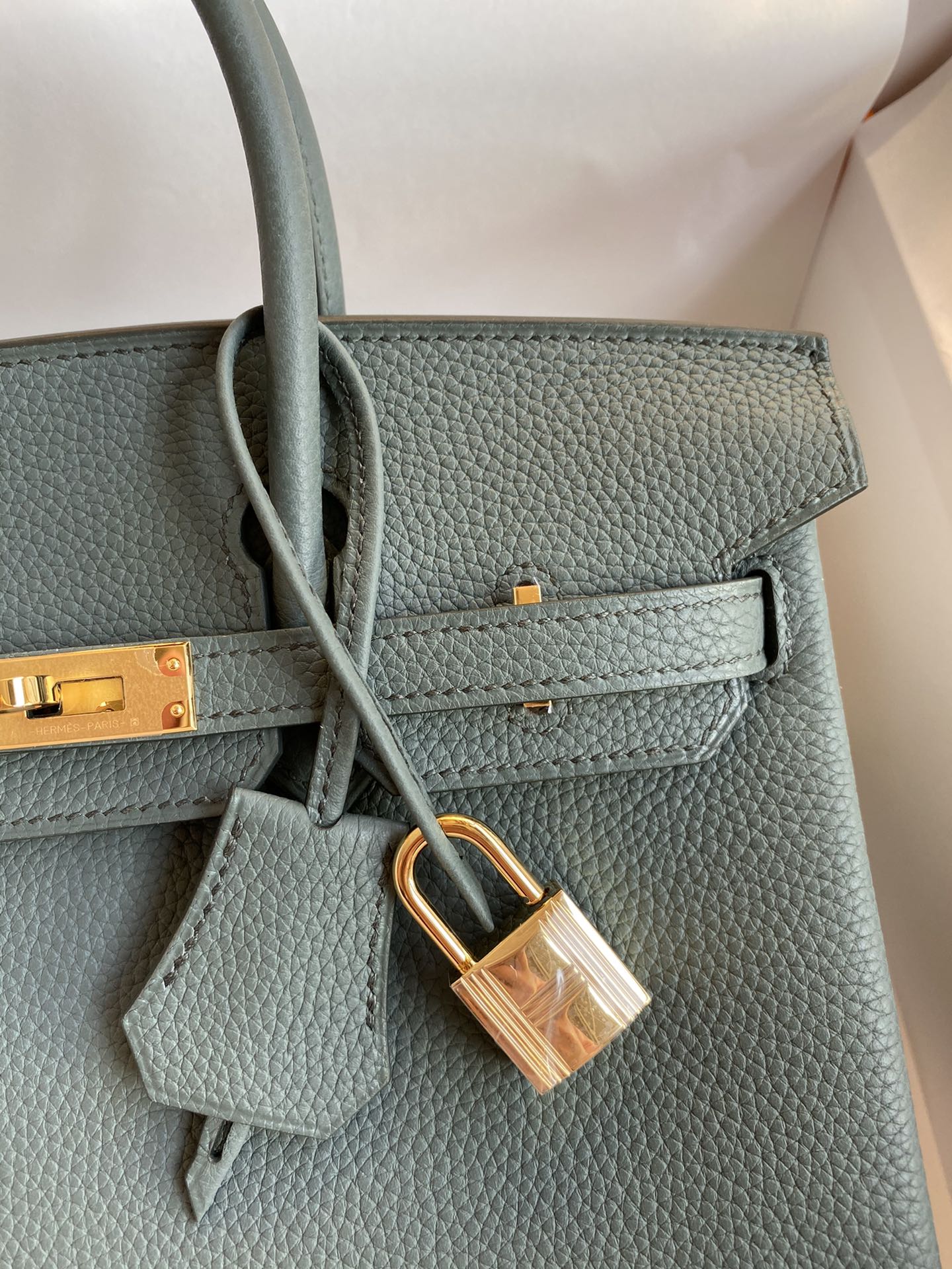 Hermès Birkin Style Sage Green Leather Handbag with Gold-Tone Hardware