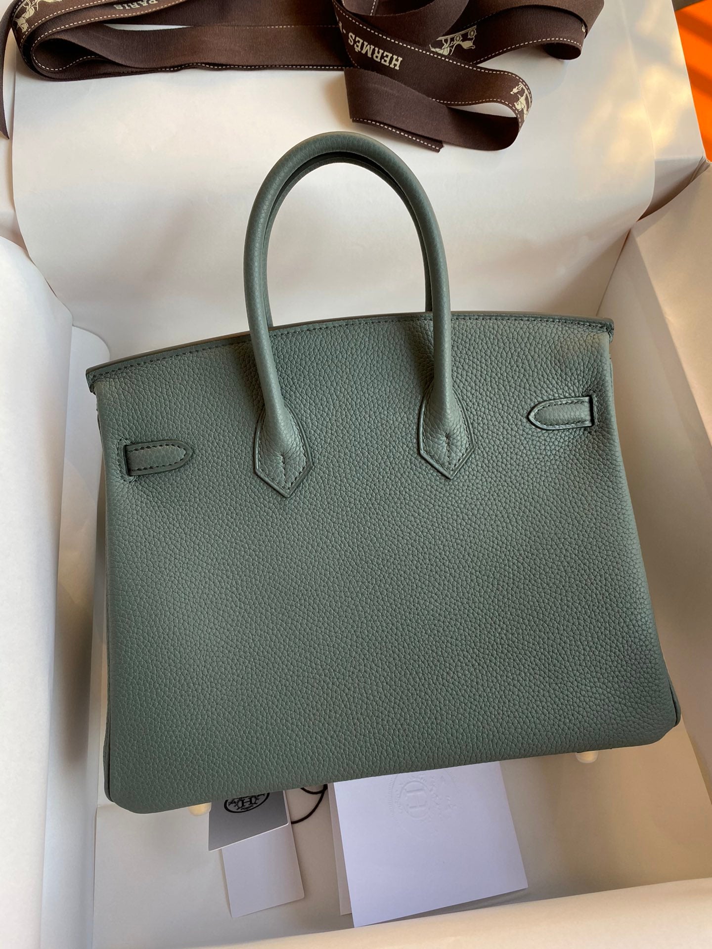Hermès Birkin Style Sage Green Leather Handbag with Gold-Tone Hardware