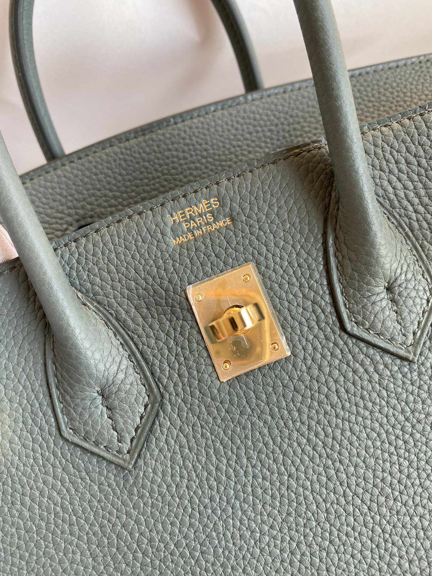 Hermès Birkin Style Sage Green Leather Handbag with Gold-Tone Hardware