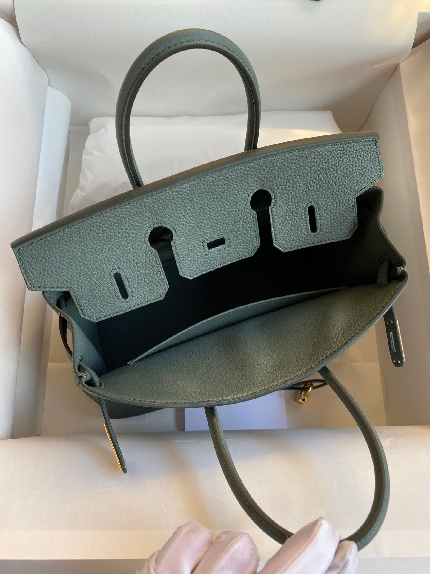 Hermès Birkin Style Sage Green Leather Handbag with Gold-Tone Hardware