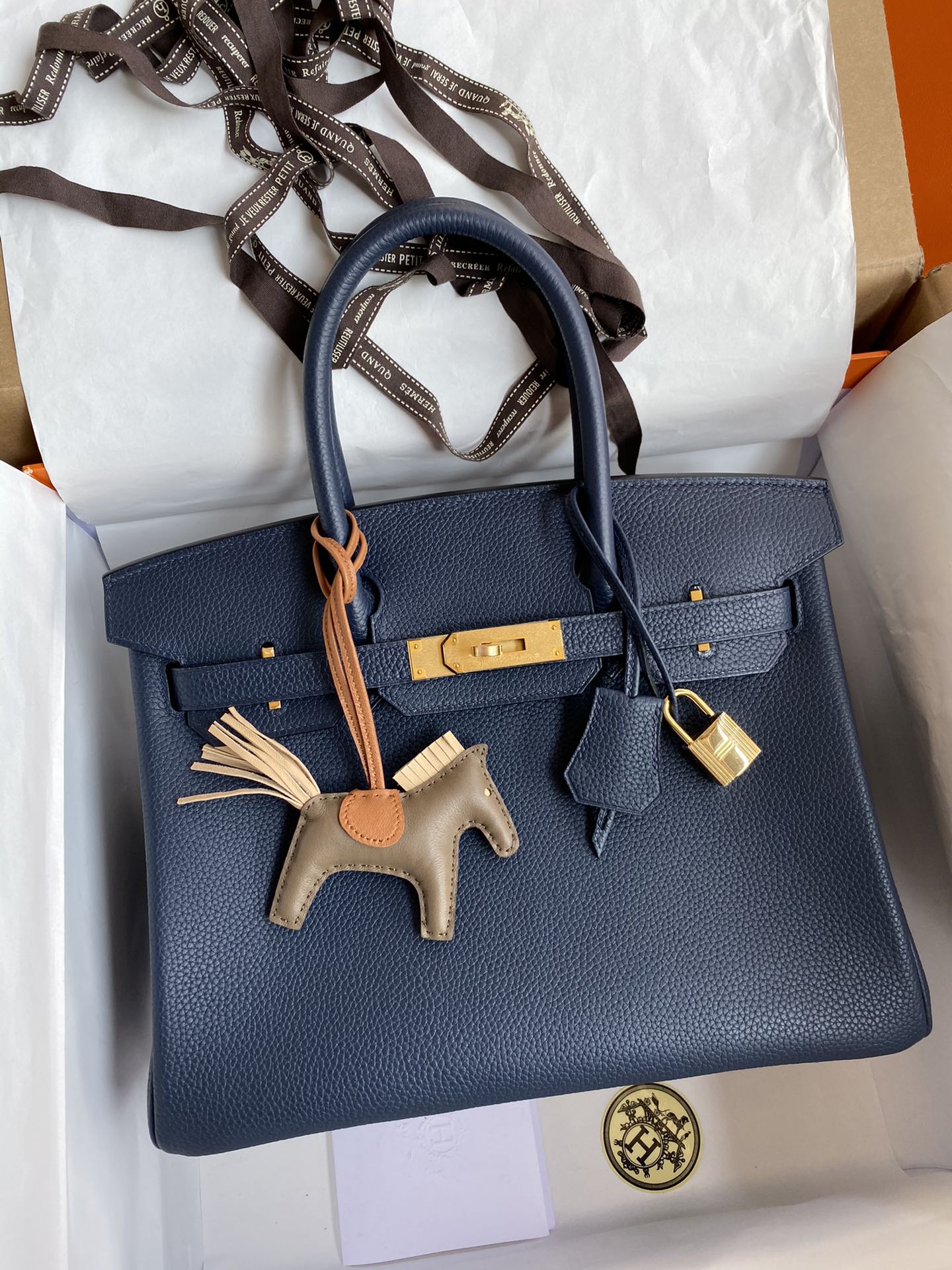 Navy Blue Leather Top-Handle Handbag with Gold Hardware and Horse Charm
