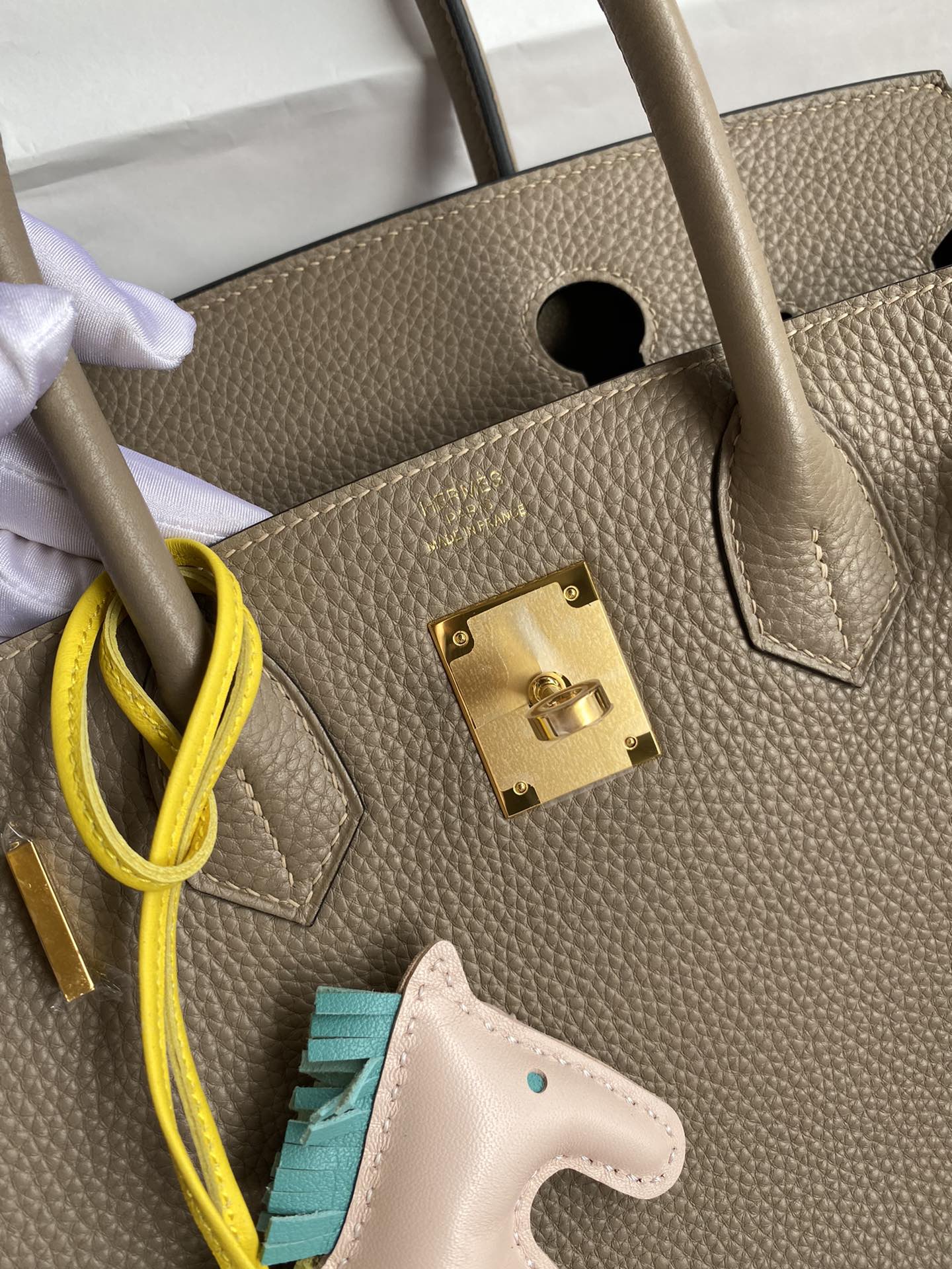 Hermes Birkin 25 Etoupe Togo Leather Handbag with Gold Hardware &amp; Rodeo Charm