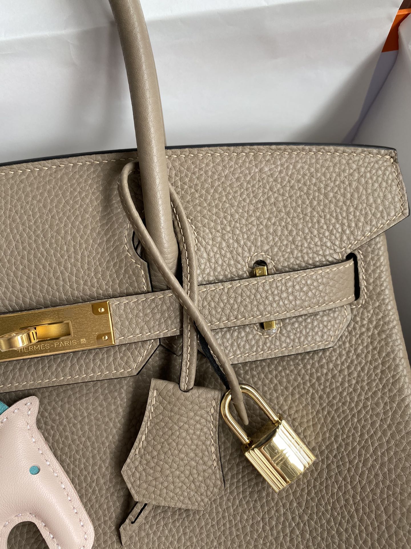 Hermes Birkin 25 Etoupe Togo Leather Handbag with Gold Hardware &amp; Rodeo Charm