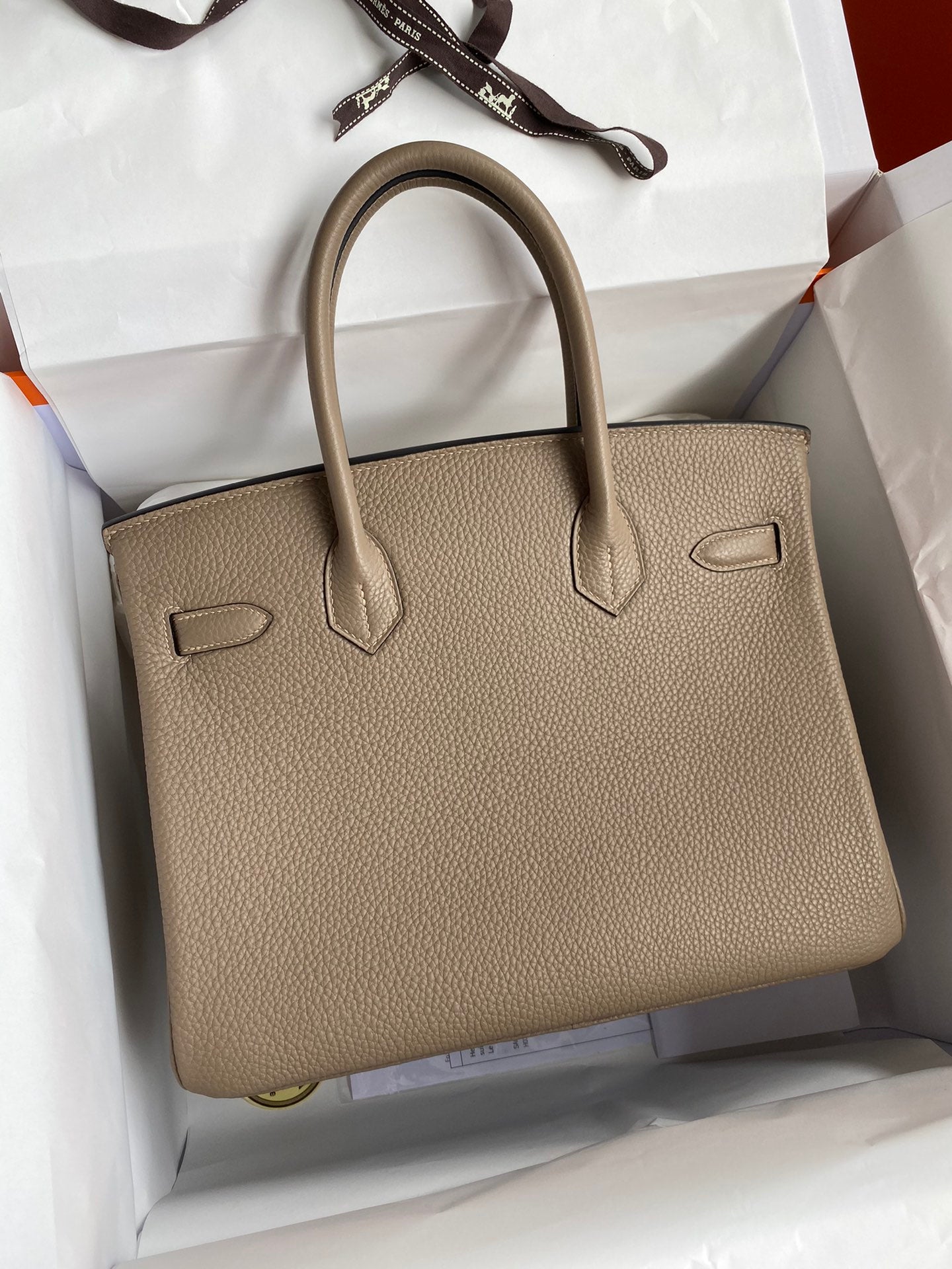 Hermes Birkin 25 Etoupe Togo Leather Handbag with Gold Hardware &amp; Rodeo Charm