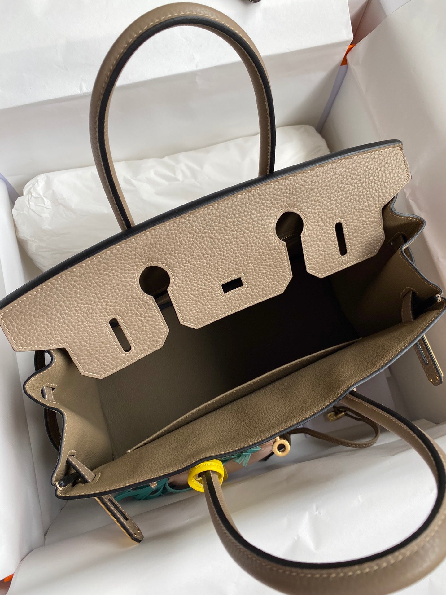 Hermes Birkin 25 Etoupe Togo Leather Handbag with Gold Hardware &amp; Rodeo Charm