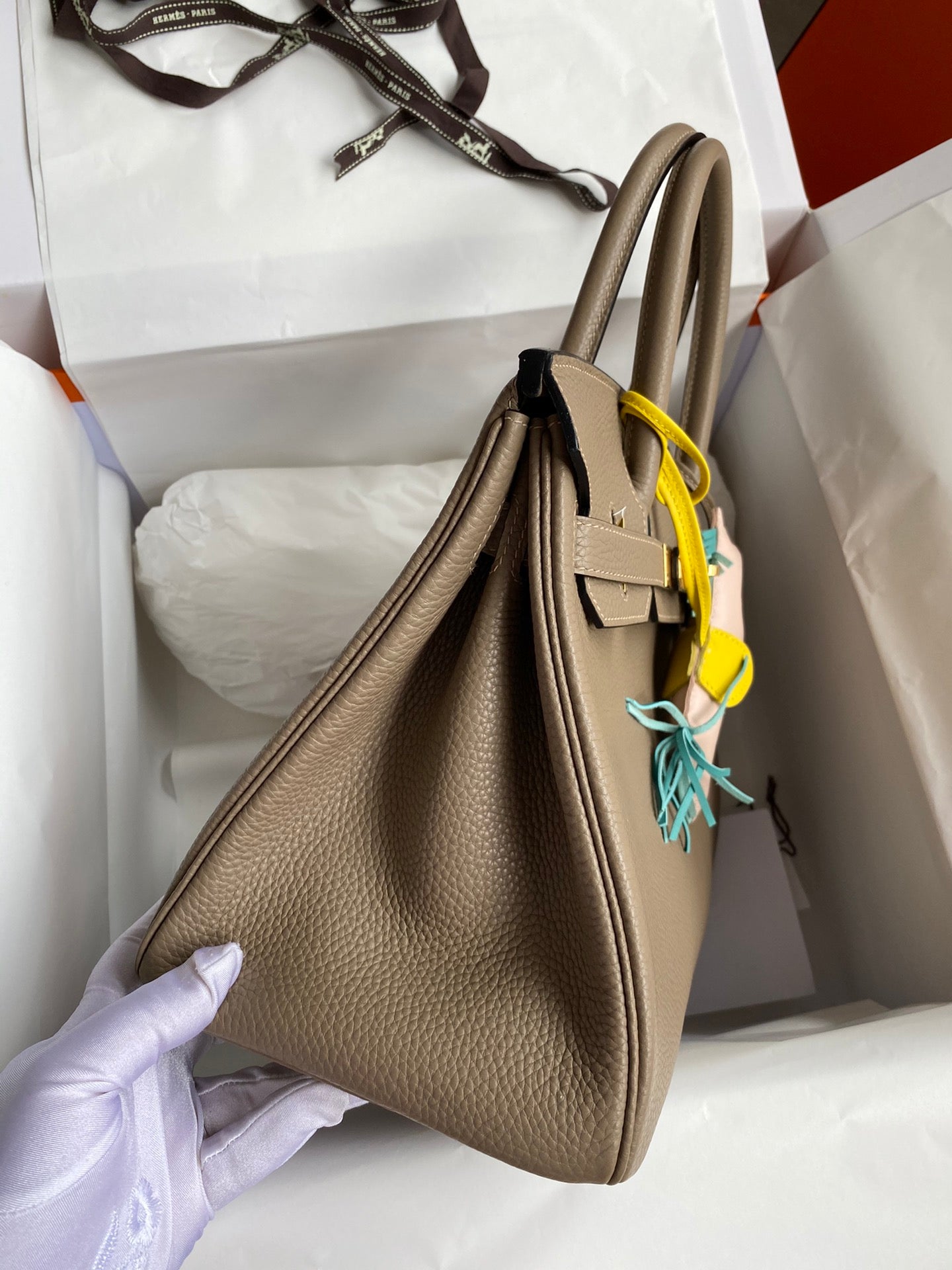 Hermes Birkin 25 Etoupe Togo Leather Handbag with Gold Hardware &amp; Rodeo Charm