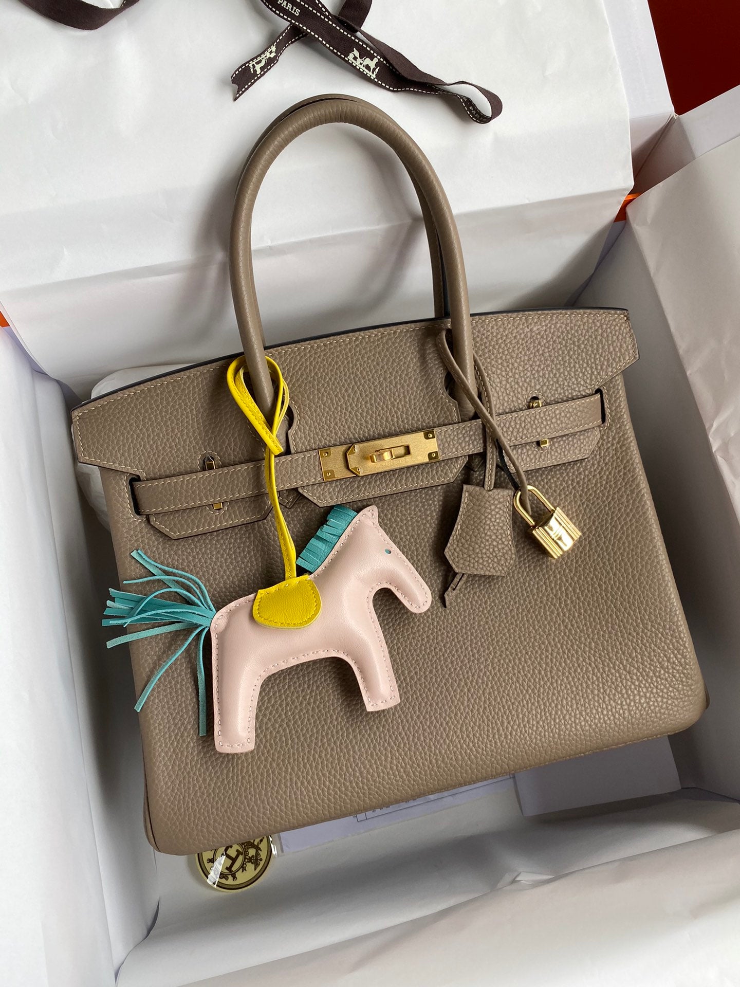 Hermes Birkin 25 Etoupe Togo Leather Handbag with Gold Hardware &amp; Rodeo Charm