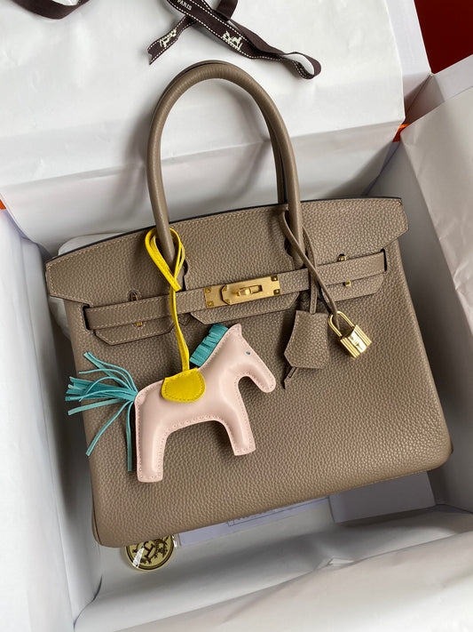 Hermes Birkin 25 Etoupe Togo Leather Handbag with Gold Hardware &amp; Rodeo Charm