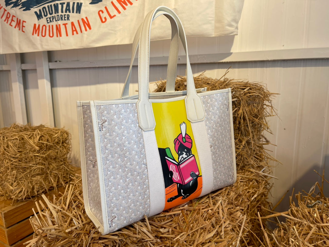 Gogy Cute Black Cat Reading Book Canvas Tote Bag Chevron Handbag