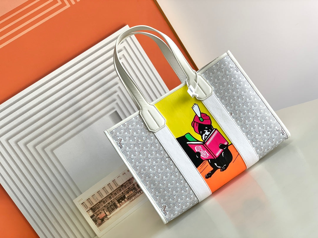Gogy Whimsical Cartoon Cat Print Canvas Tote Bag with Top Handles