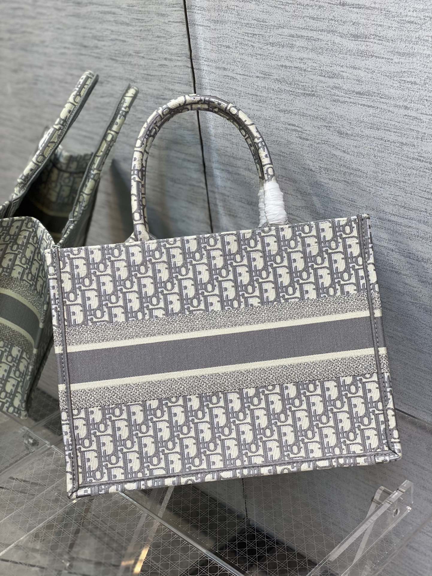 Christian Dior Gray Oblique Embroidery Book Tote Bag Large