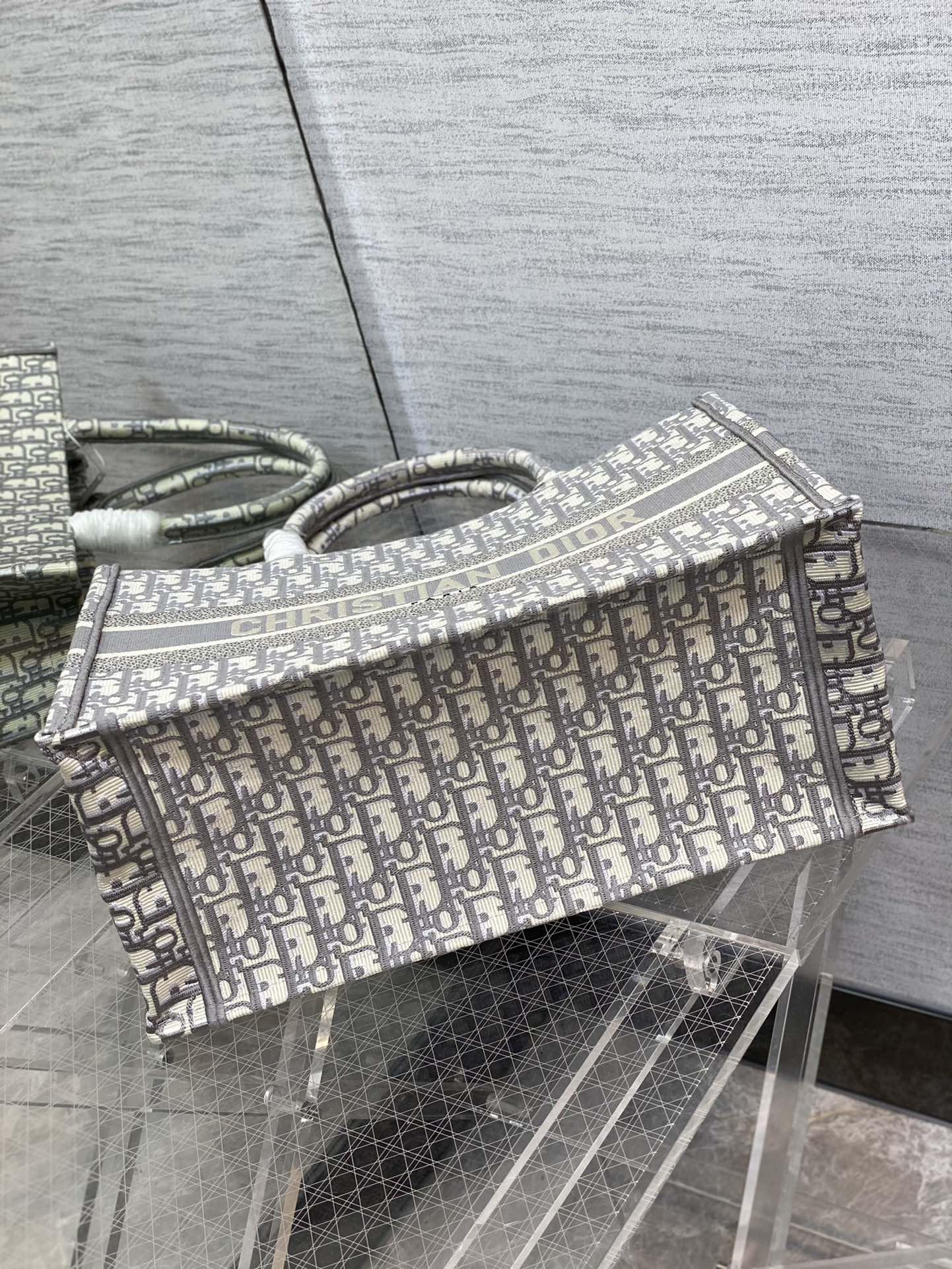 Christian Dior Gray Oblique Embroidery Book Tote Bag Large