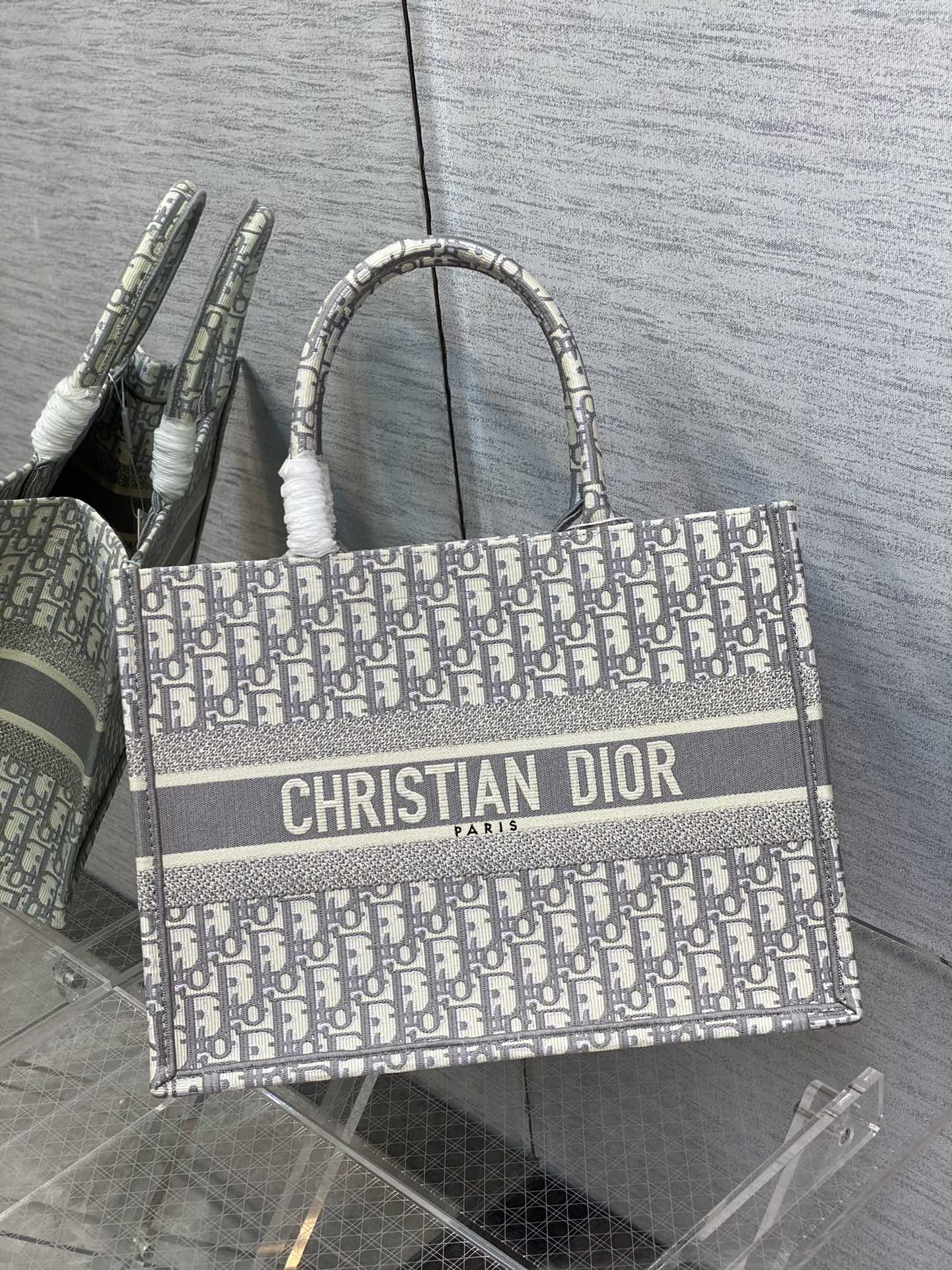 Christian Dior Gray Oblique Embroidery Book Tote Bag Large