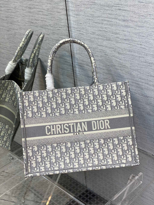 Christian Dior Grey Oblique Embroidery Book Tote Bag Large