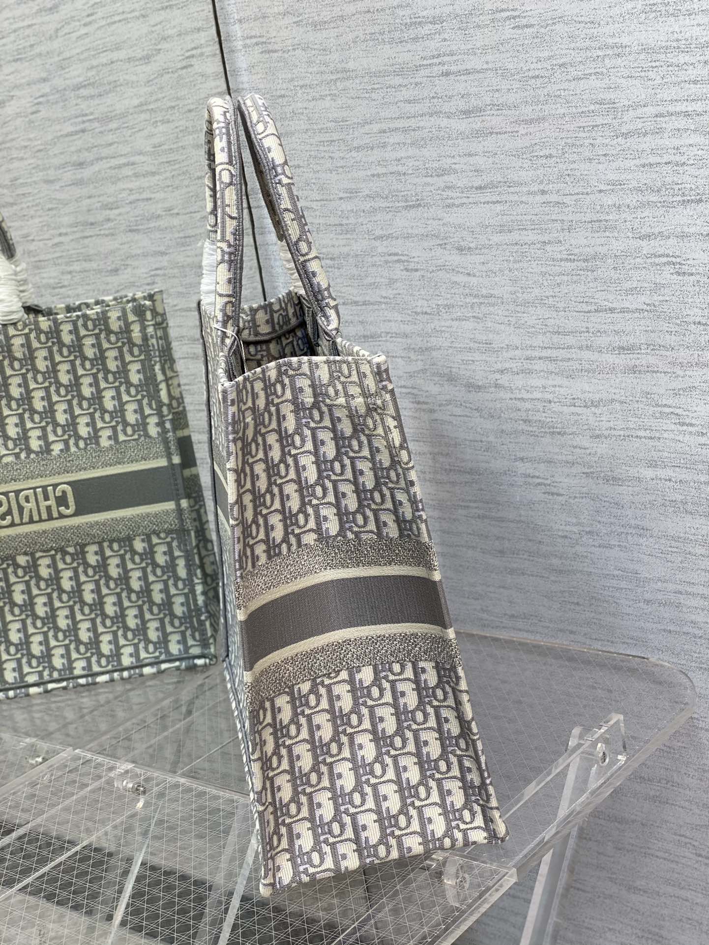 Christian Dior Gray Oblique Embroidery Book Tote Bag