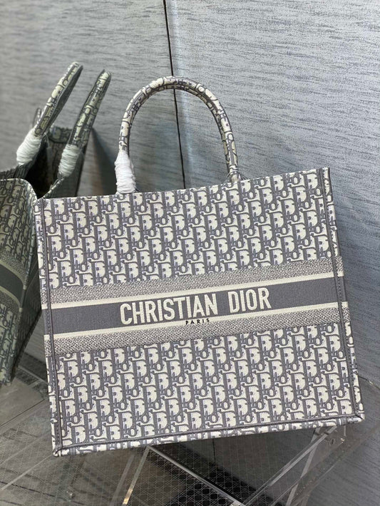 Christian Dior Gray Oblique Embroidery Book Tote Bag