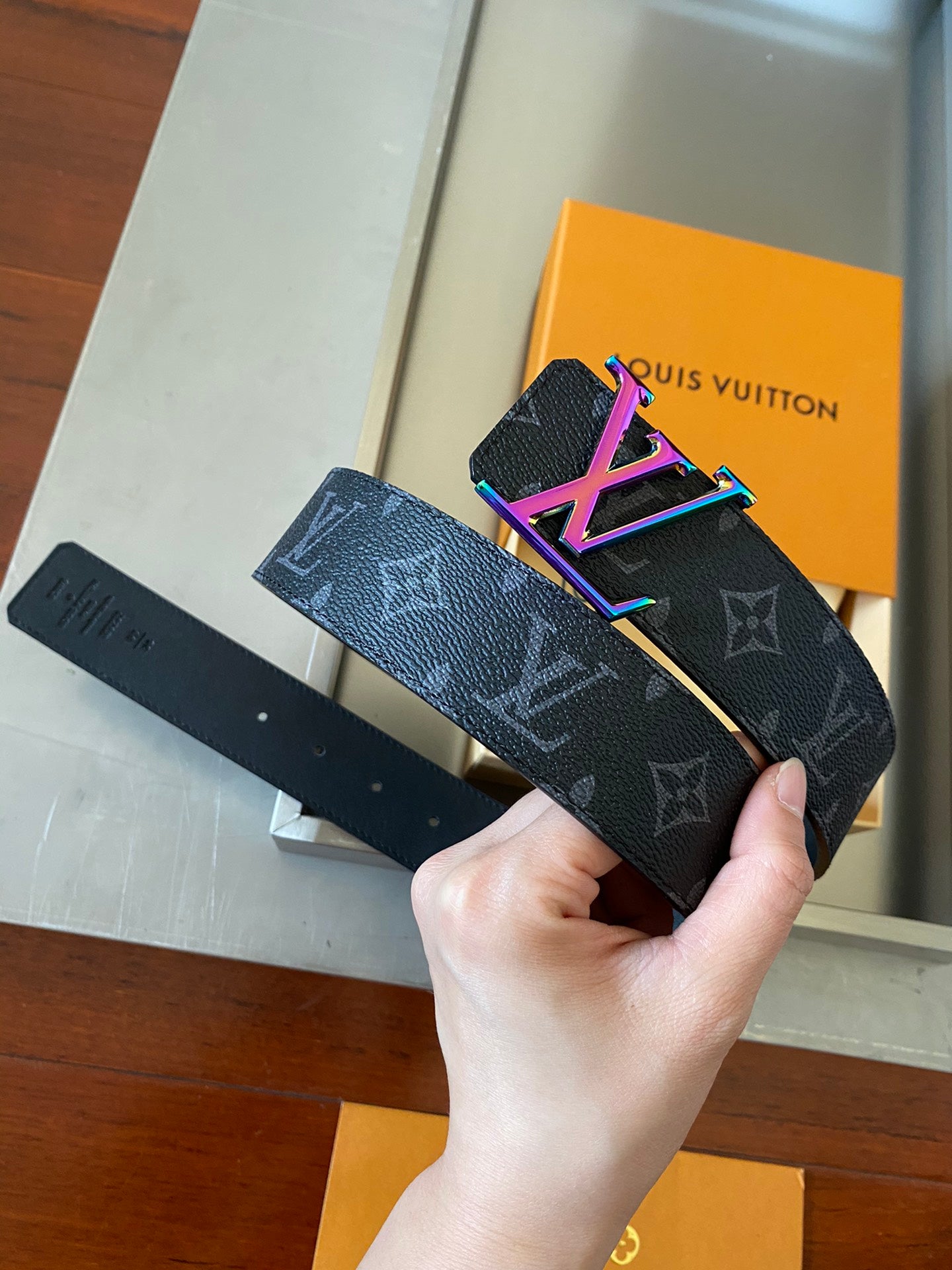 Louis Vuitton Men's LV Initials 40mm Belt Monogram Eclipse with Neon Pink and Blue Gradient Buckle