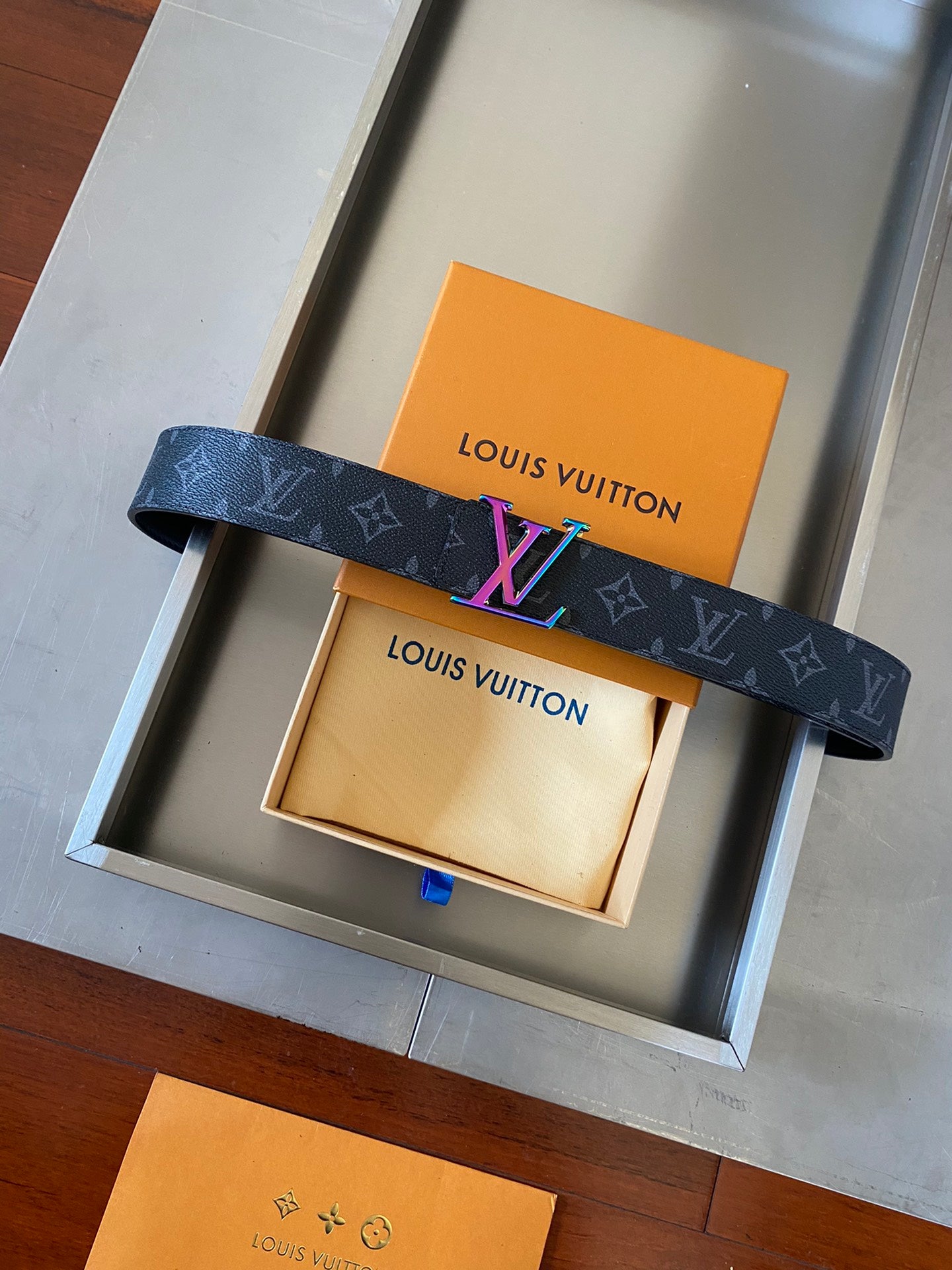 Louis Vuitton Men's LV Initials 40mm Belt Monogram Eclipse with Neon Pink and Blue Gradient Buckle
