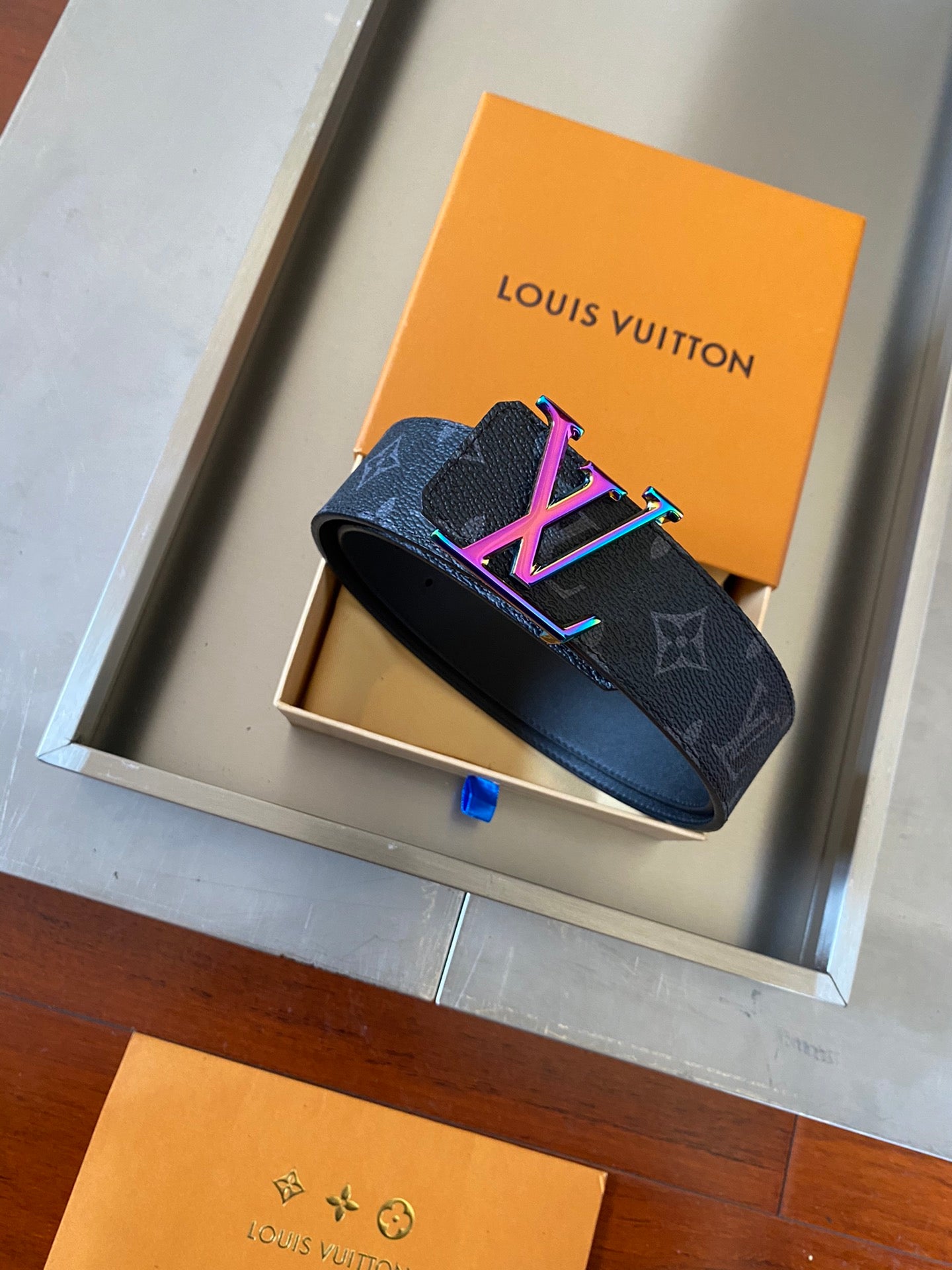 Louis Vuitton Men's LV Initials 40mm Belt Monogram Eclipse with Neon Pink and Blue Gradient Buckle
